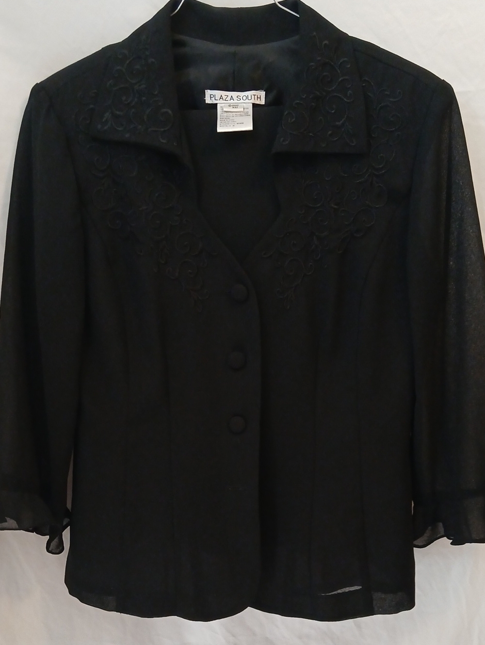 Black Embroidered Women's Suit, Ruffle Cuff And High Low Longer Skirt